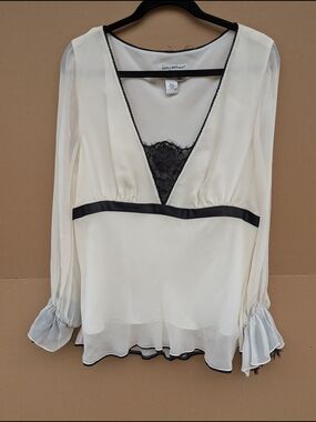 Vtg Papell Boutique Silk Lace Blouse 18W Cream Black Y2K Whimsygoth Coquette